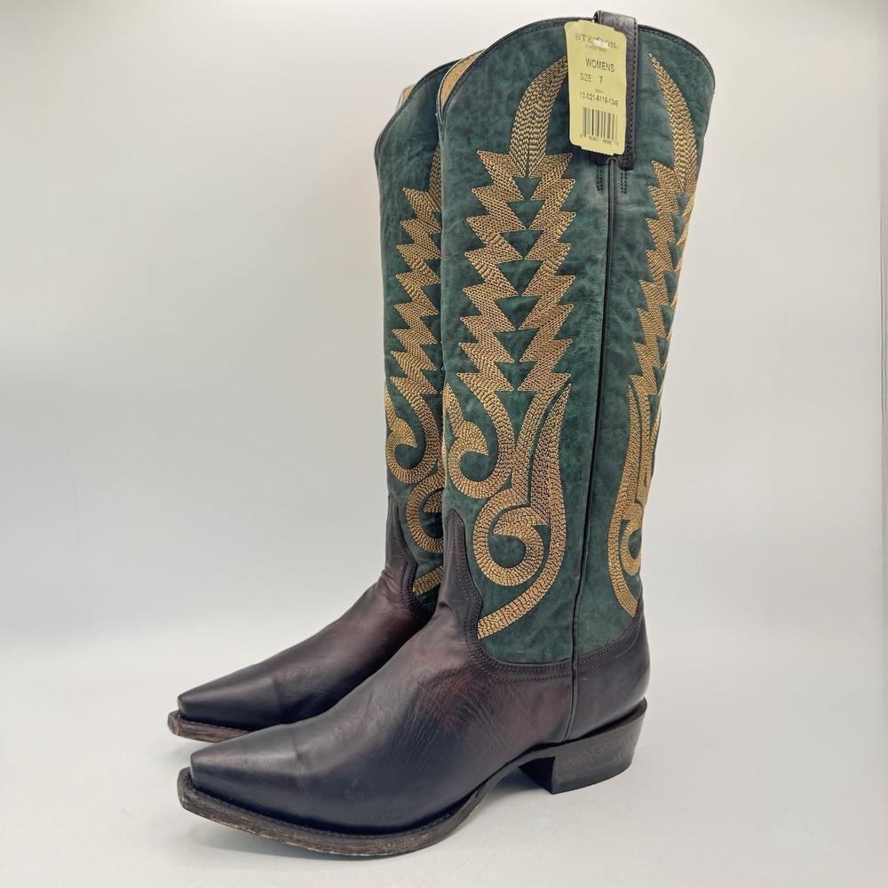 Stetson June Boots Women's Size 7 Green Leather Brown Snip Toe